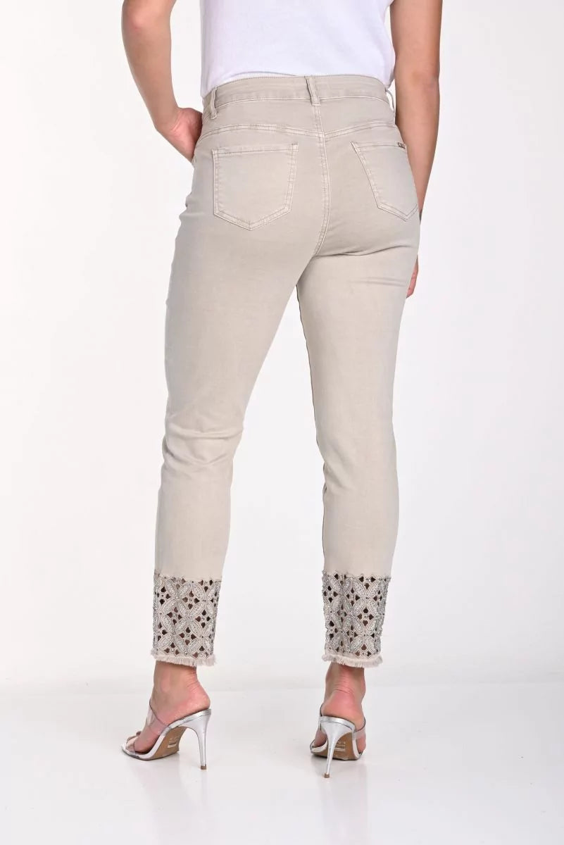 Frank Lyman Beige Jeans with Cut-out Embroidered Hem - Style 241314U