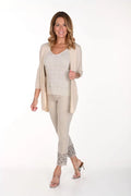 Frank Lyman Beige Jeans with Cut-out Embroidered Hem - Style 241314U