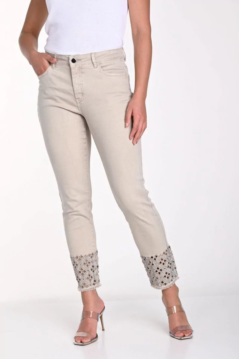 Frank Lyman Beige Jeans with Cut-out Embroidered Hem - Style 241314U