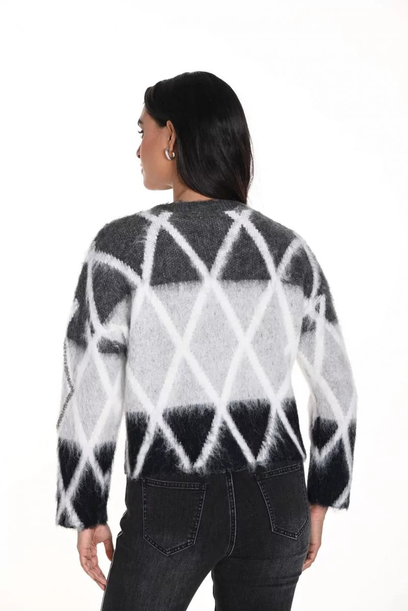 Frank Lyman Grey and White Diamond Pattern Knit Sweater - Style 243473U