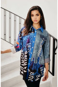 Frank Lyman Blue/Black Abstract Print Button Down Blouse - Style 243528U