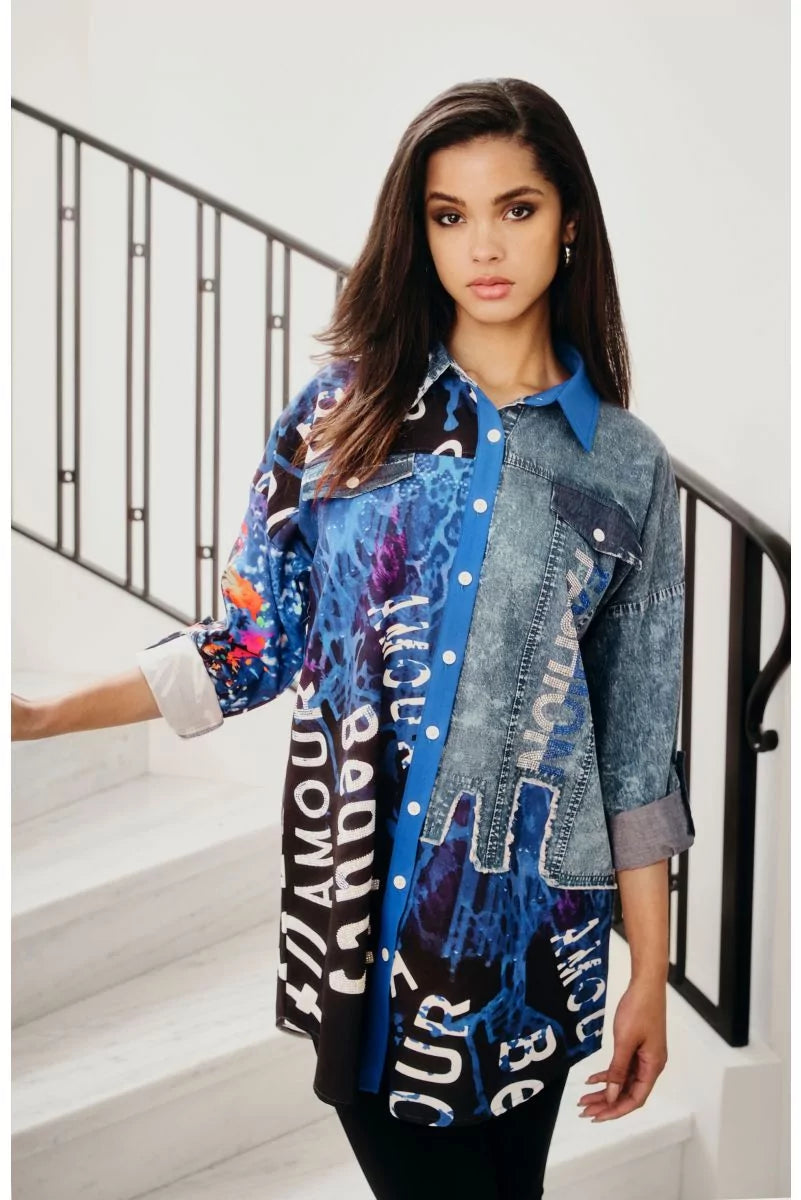 Frank Lyman Blue/Black Abstract Print Button Down Blouse - Style 243528U
