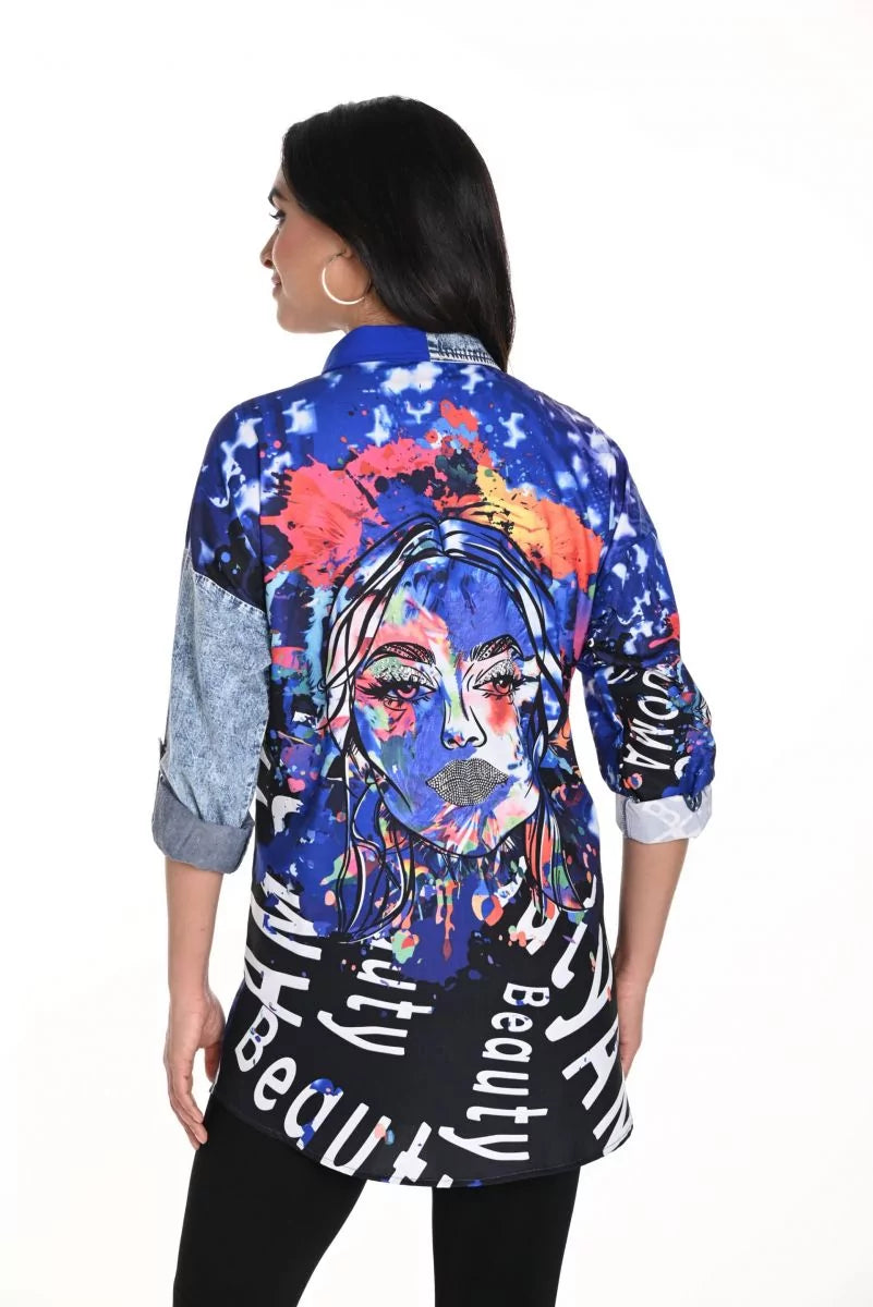 Frank Lyman Blue/Black Abstract Print Button Down Blouse - Style 243528U