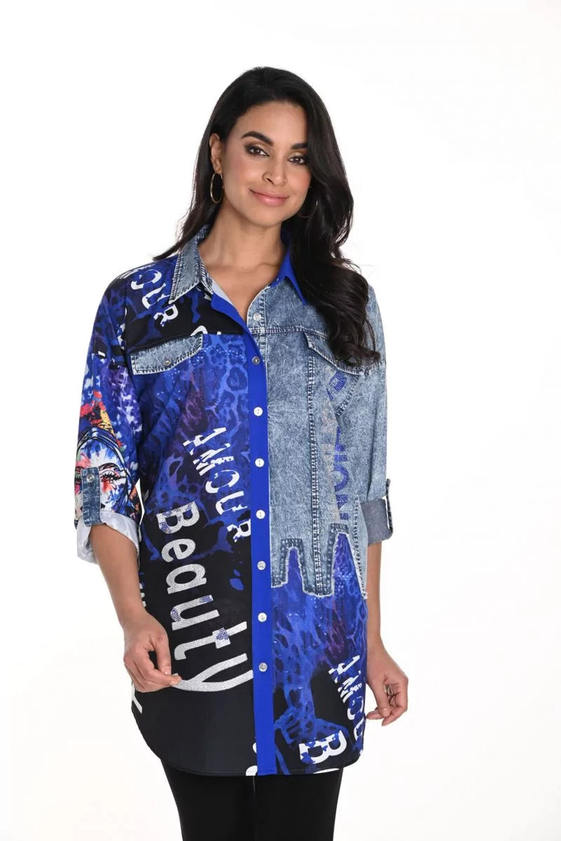 Frank Lyman Blue/Black Abstract Print Button Down Blouse - Style 243528U