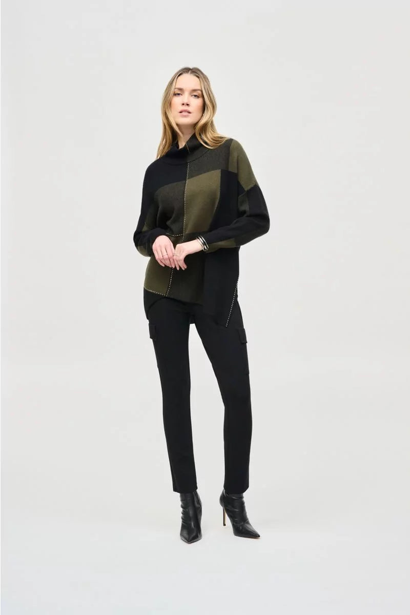 Joseph Ribkoff Iguana/Black Color-Block Jacquard Knit Pullover Style 243944