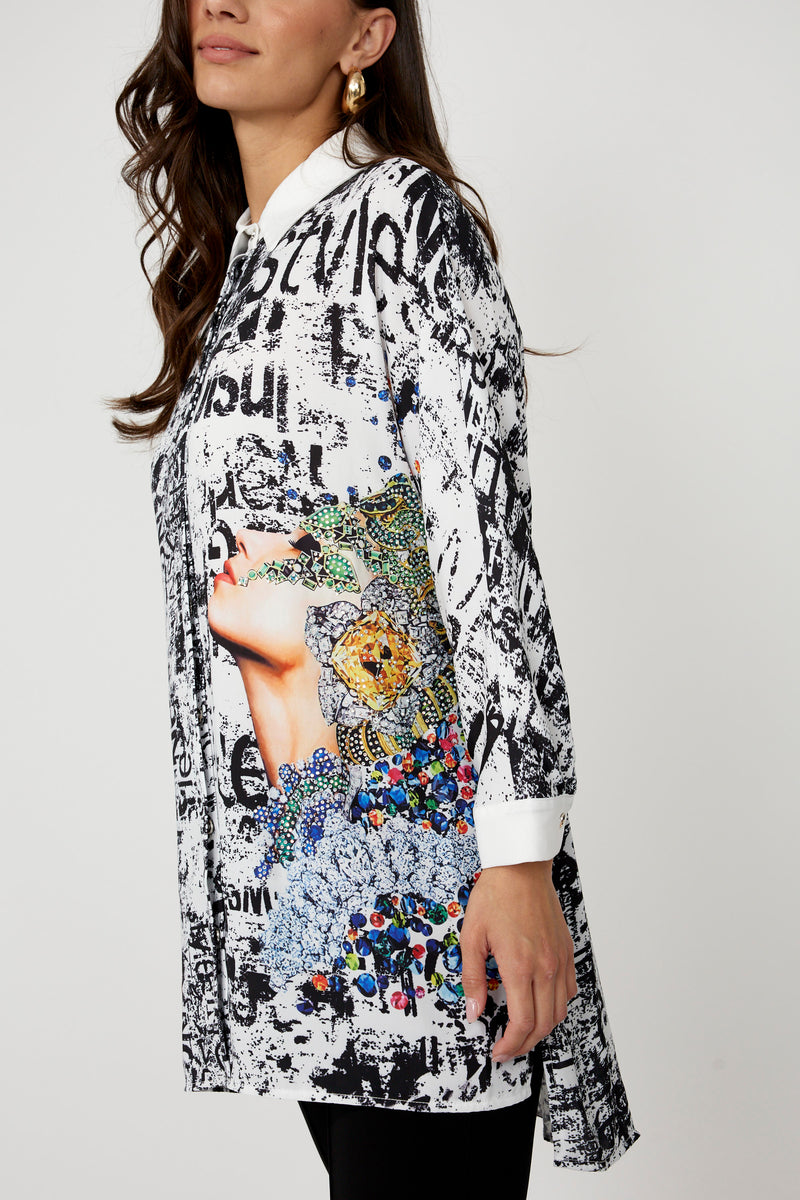 Frank Lyman Jewel Embellished Graphic Shirt Style 256706u