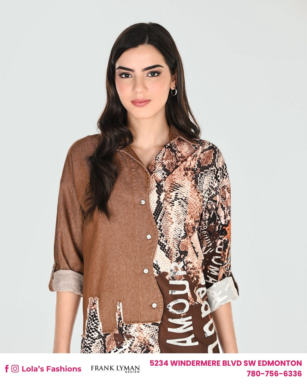 Frank Lyman Animal Print Button Closure Blouse Style 263759