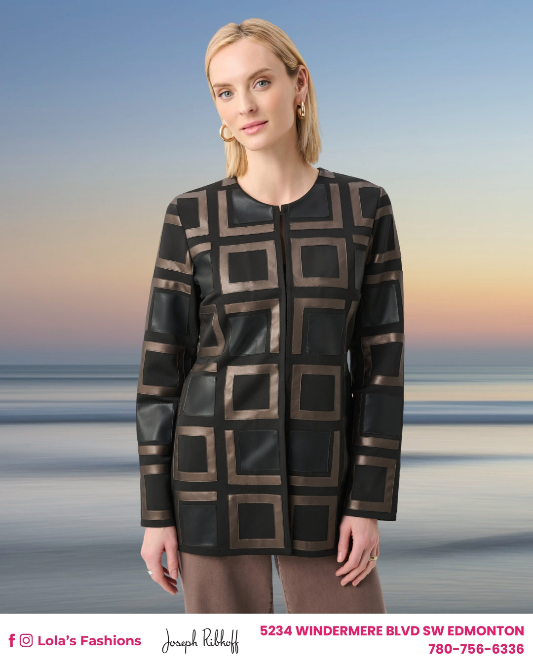 Joseph Ribkoff Leatherette Collarless Two-tone Jacket Style 263963