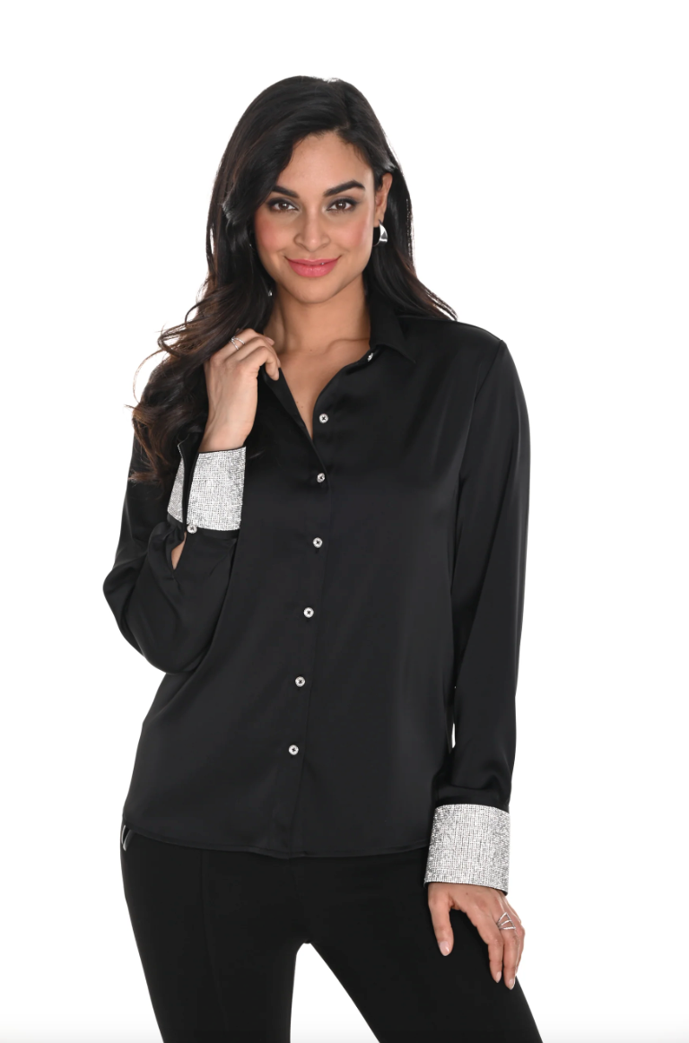 Frank Lyman Bling Cuffs Black Woven Blouse 244602U