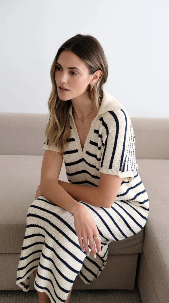 Charli Erin Knit Dress - Ecru Navy Stripes