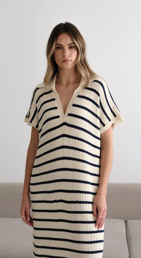 Charli Erin Knit Dress - Ecru Navy Stripes