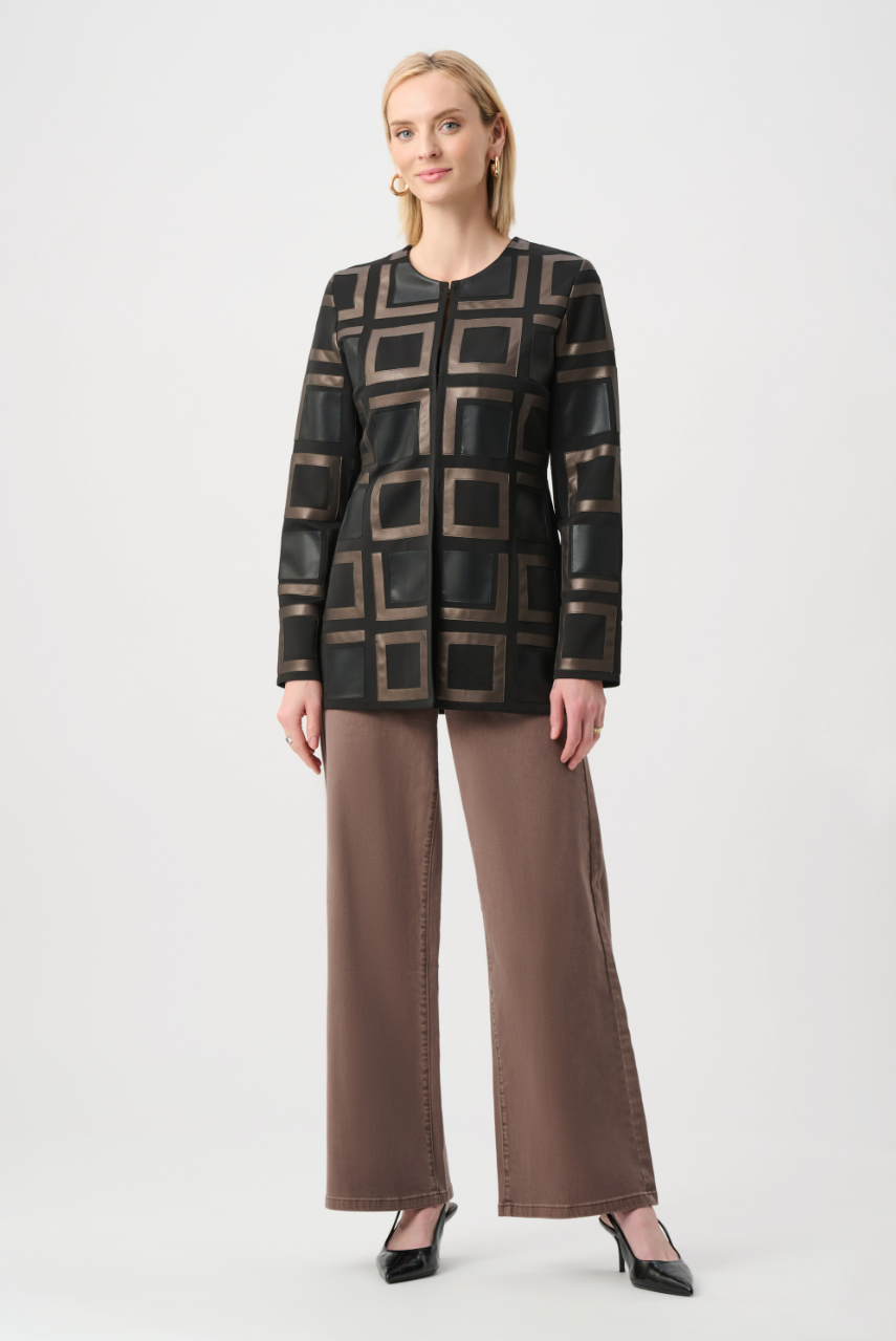 Joseph Ribkoff Leatherette Collarless Two-tone Jacket Style 263963