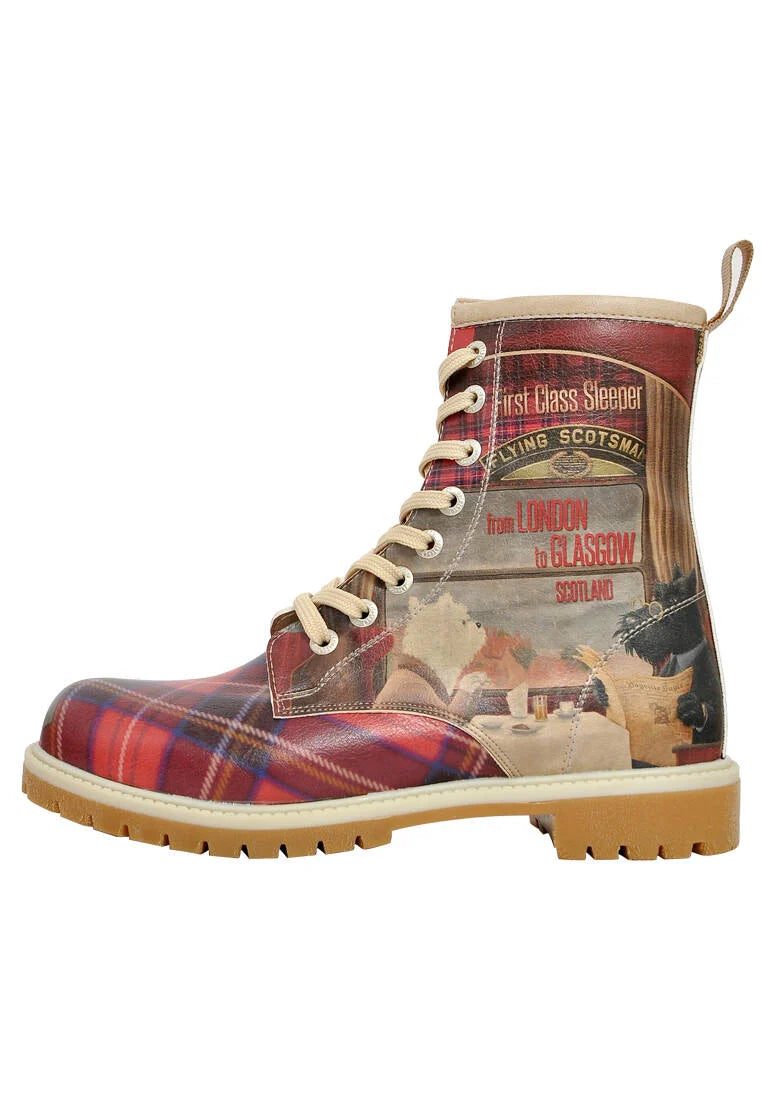 Dogo Women Vegan Leather Red Long Boots - Scottish Dining Car Design