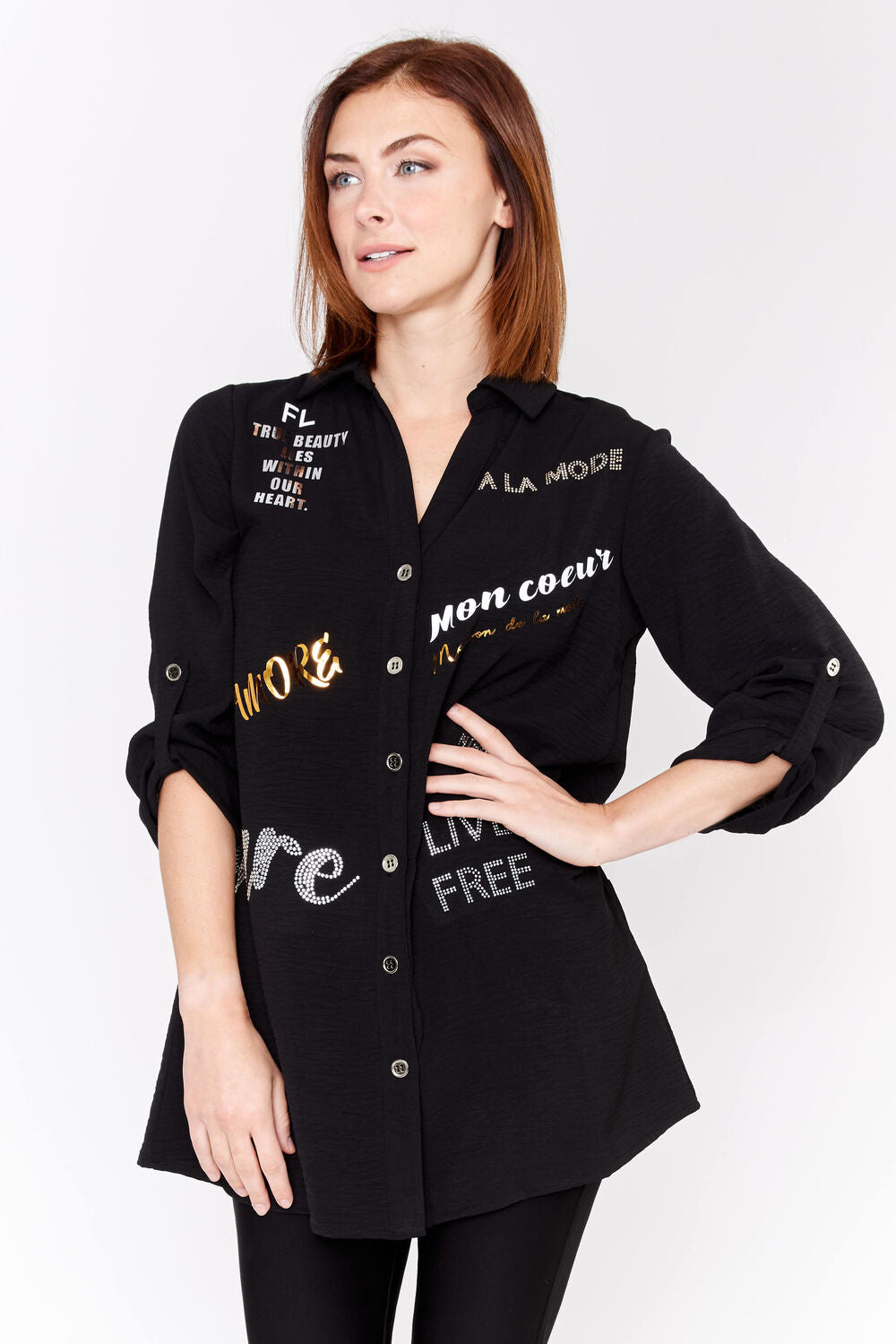 Frank Lyman Printed Blouse Black Top Style 226194u