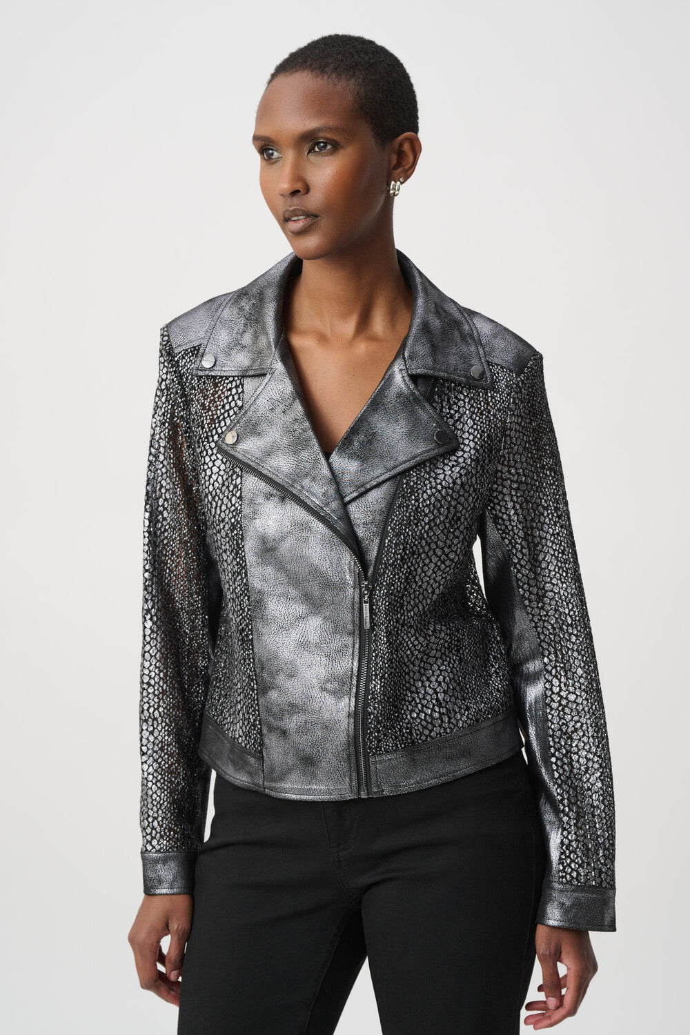 Joseph Ribkoff Foiled Faux Suede Moto Jacket Style 262902