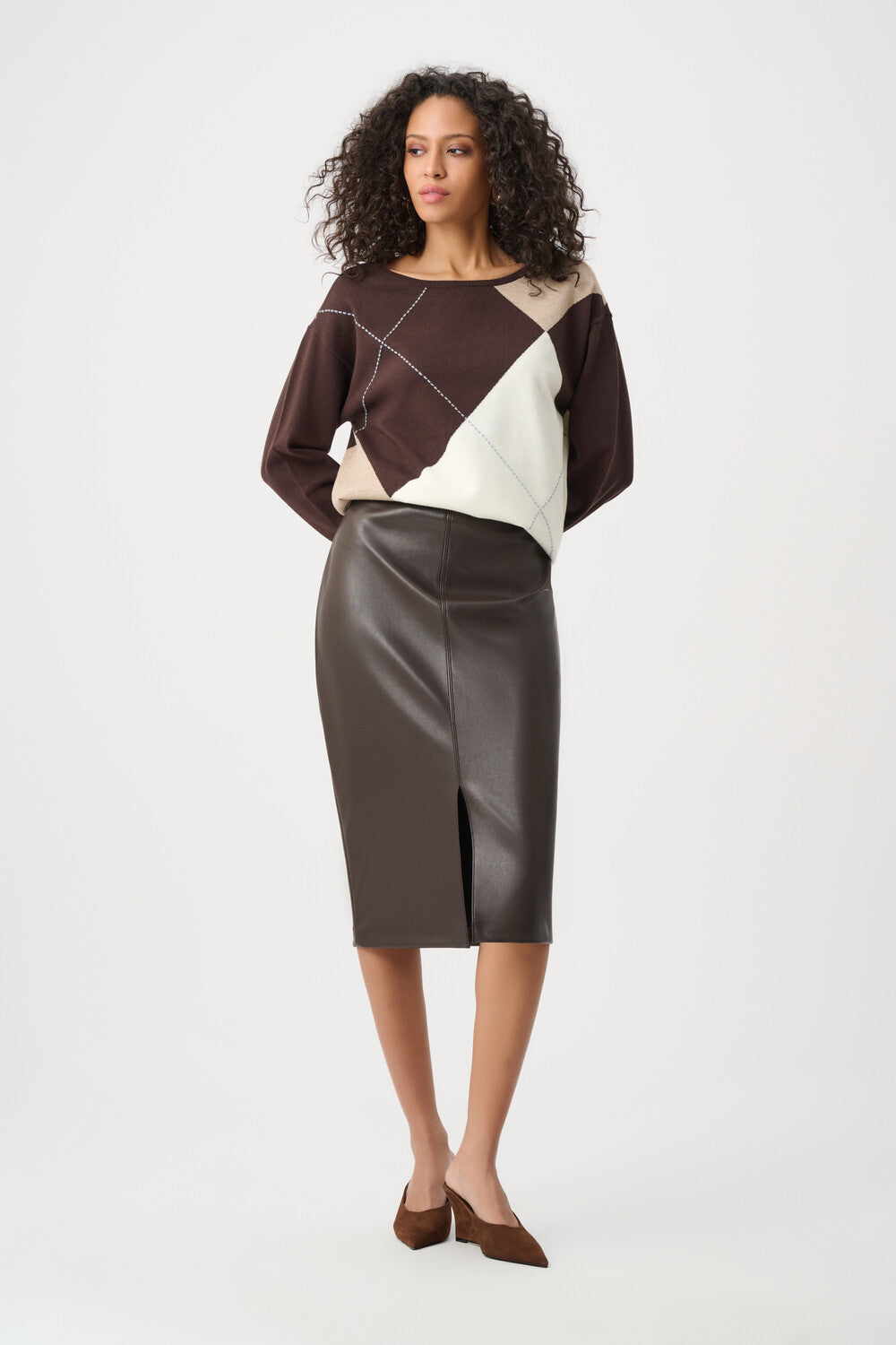 Joseph Ribkoff High-Waist Faux Leather Pencil Skirt Style 263213 - Chocolate