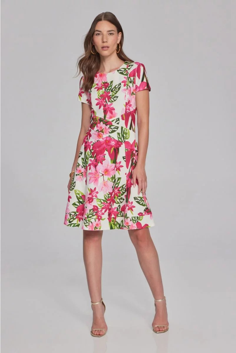 Joseph Ribkoff Vanilla/Multi Floral Print Fit-And-Flare Dress Style 241789