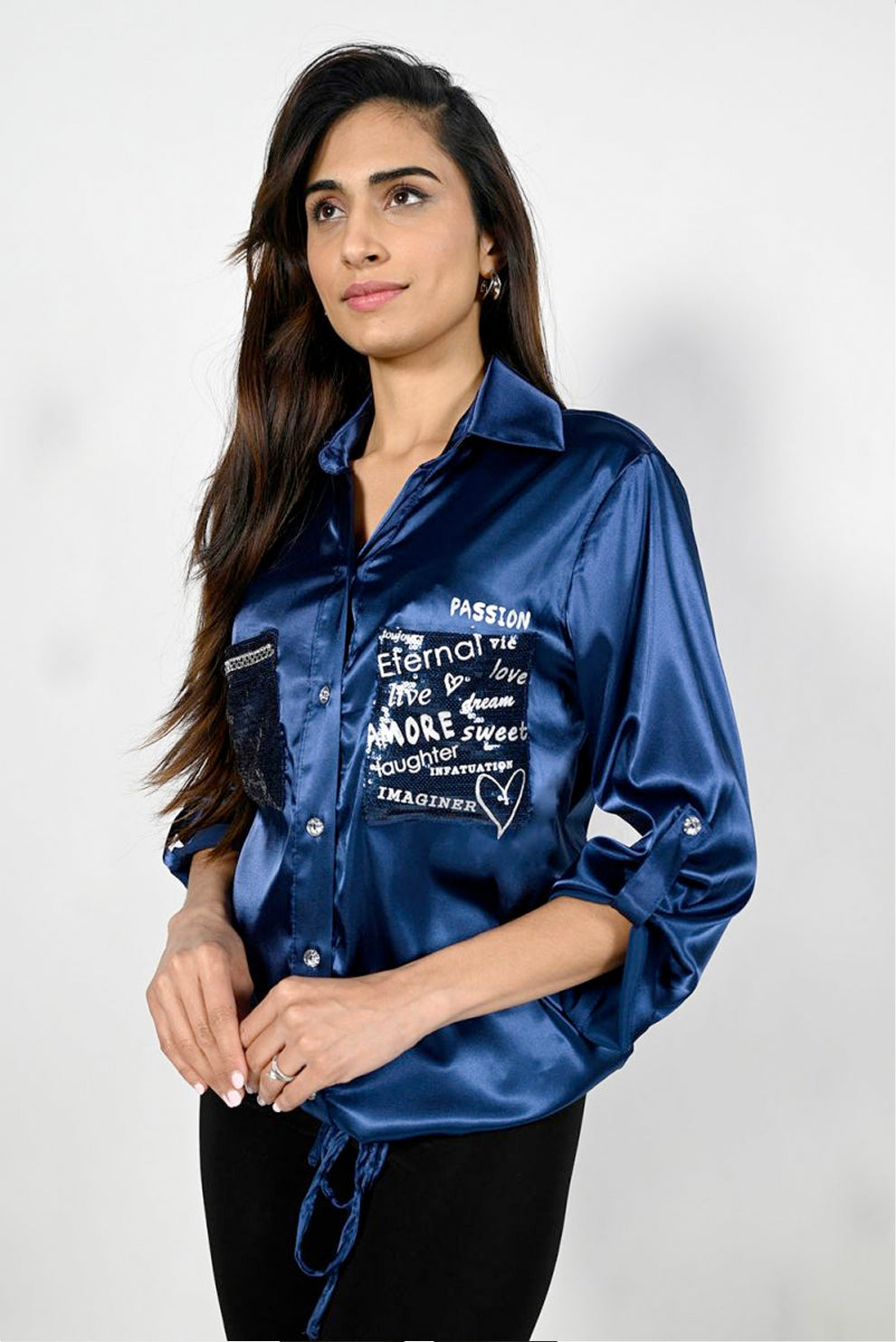 Frank Lyman Navy Woven Top | Style 223409U