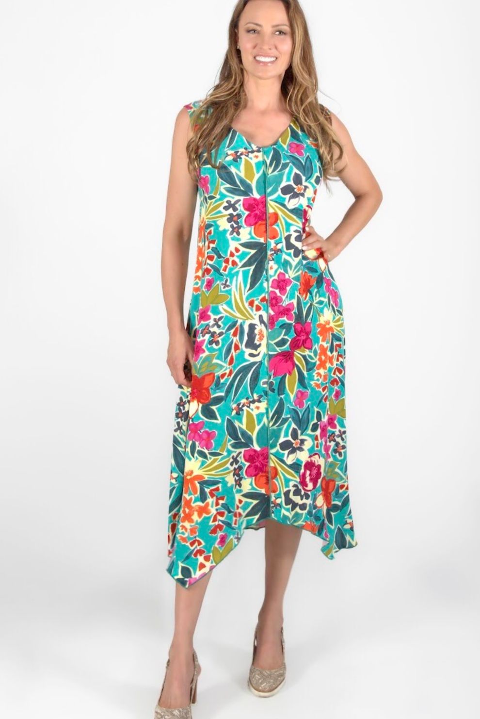 Pure Essence Green/Fuschia Long Sleeveless Dress | 4662